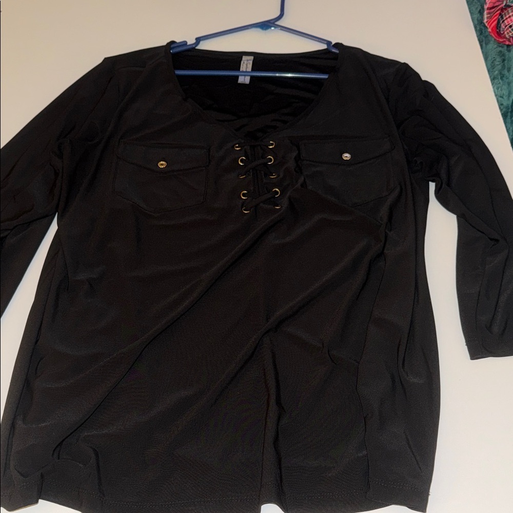 Perseption Lace-Up Front Pocket Blouse